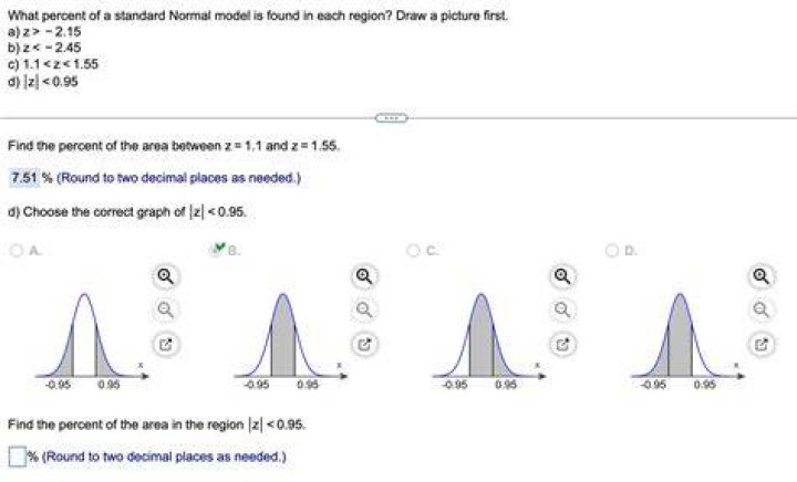 what percent of a standard normal model is found in each region? draw a picture first.