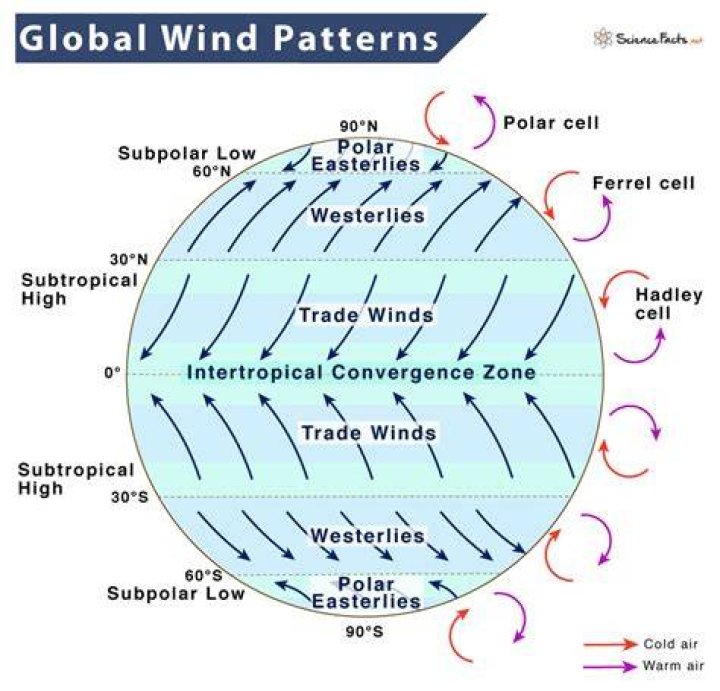 what wind systems move air from about 30 to 60 north or south latitude